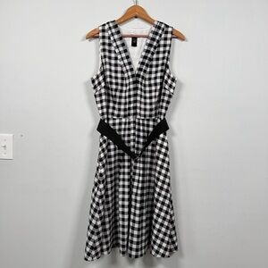 Ann Taylor Gingham Navy and White Belted Midi Dress, Size 12P